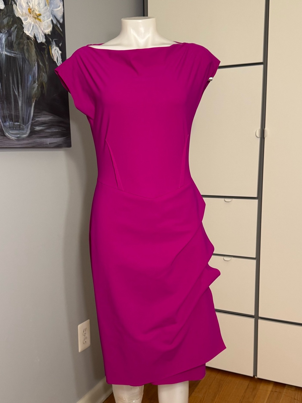Fuchsia Midi Sheath Dress with Side Ruffle